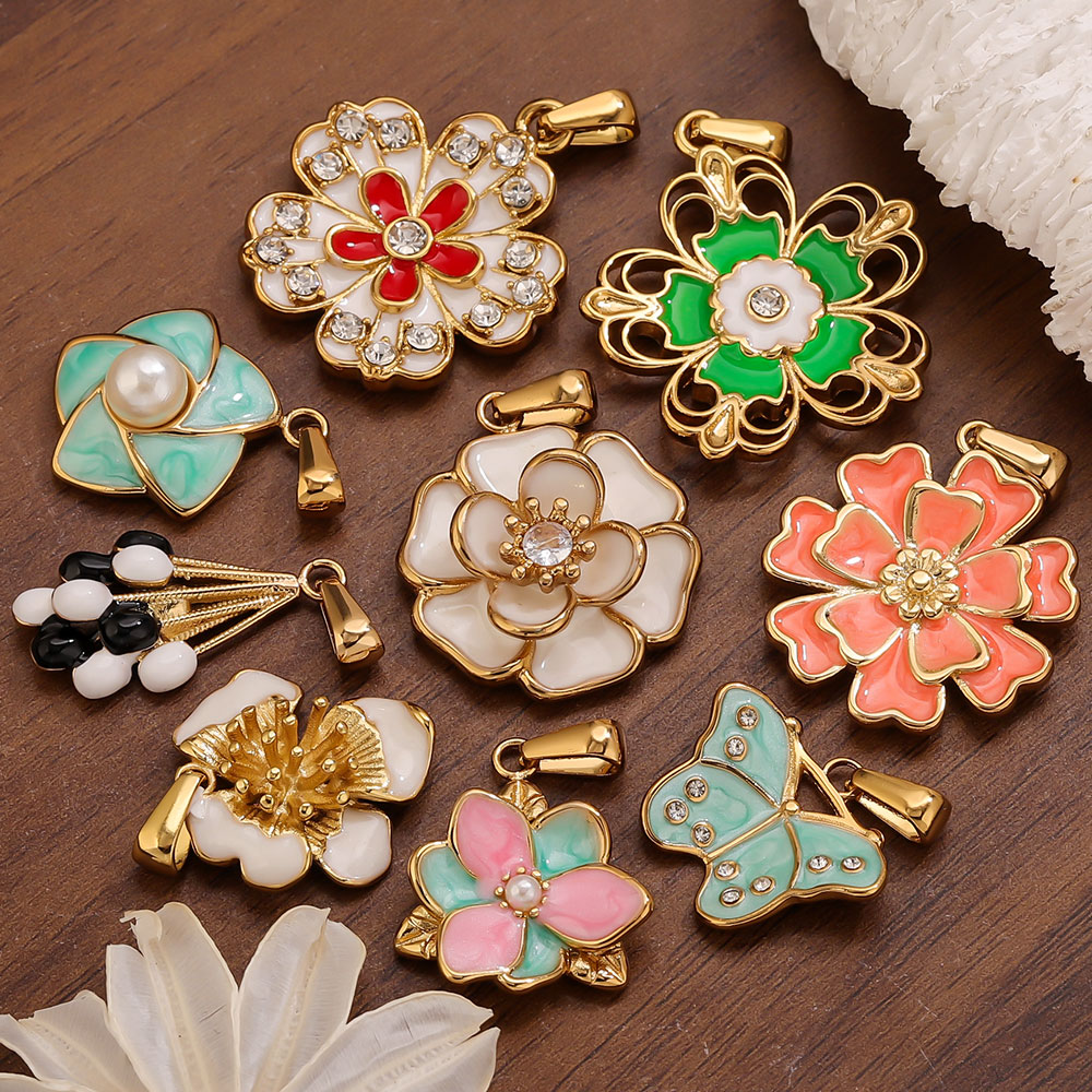 Jewelry Making Supplies Wholesale - 2 個ステンレス鋼エナメル大花チャームジュエリー作成用品ペンダント卸売バルク DIY イヤリングネックレス材料