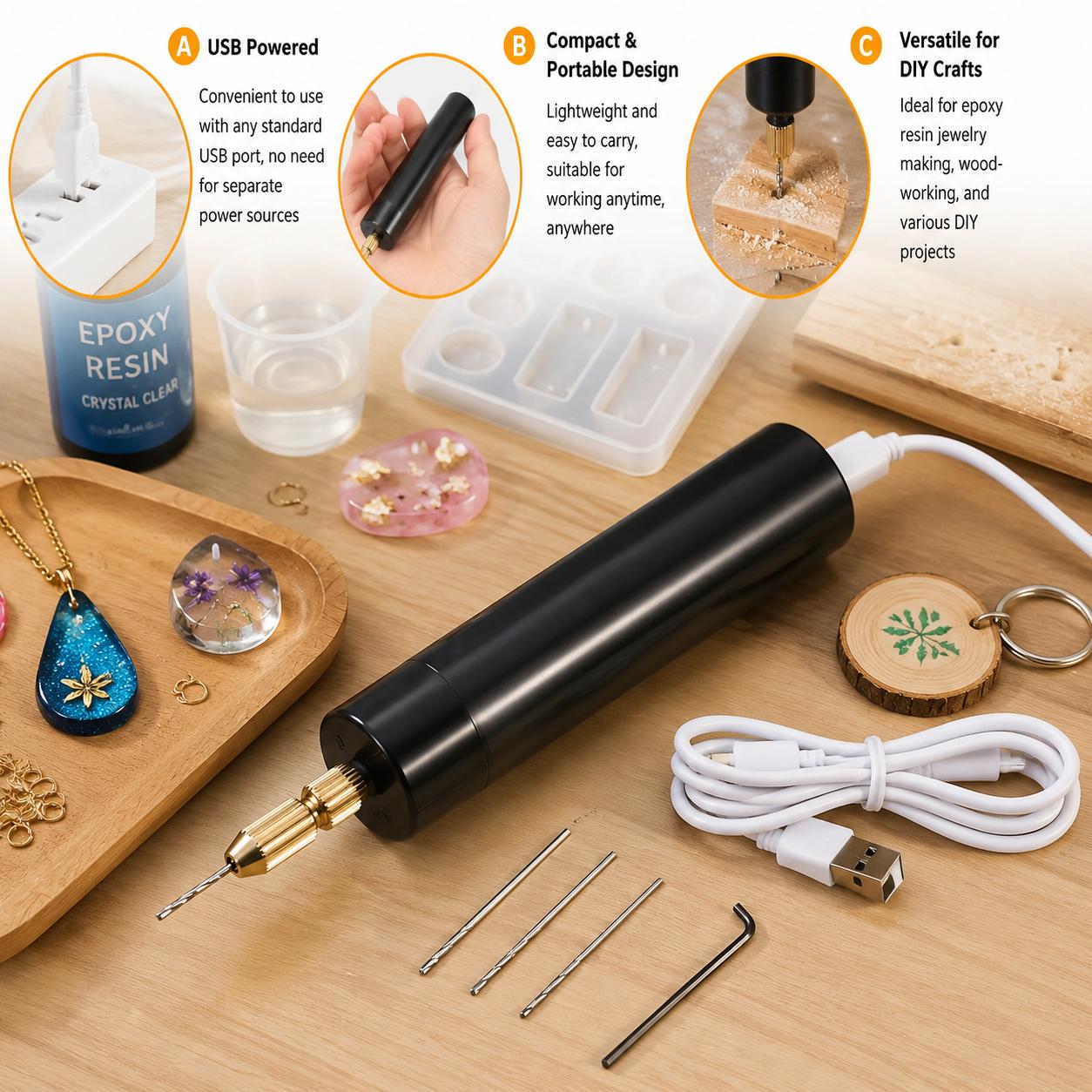 Jewelry Making Kit Professional - ミニ電動ドリル USB給電式 ハンドヘルド回転工具 コードレス彫刻ペン エポキシ樹脂 ジュエリー製作