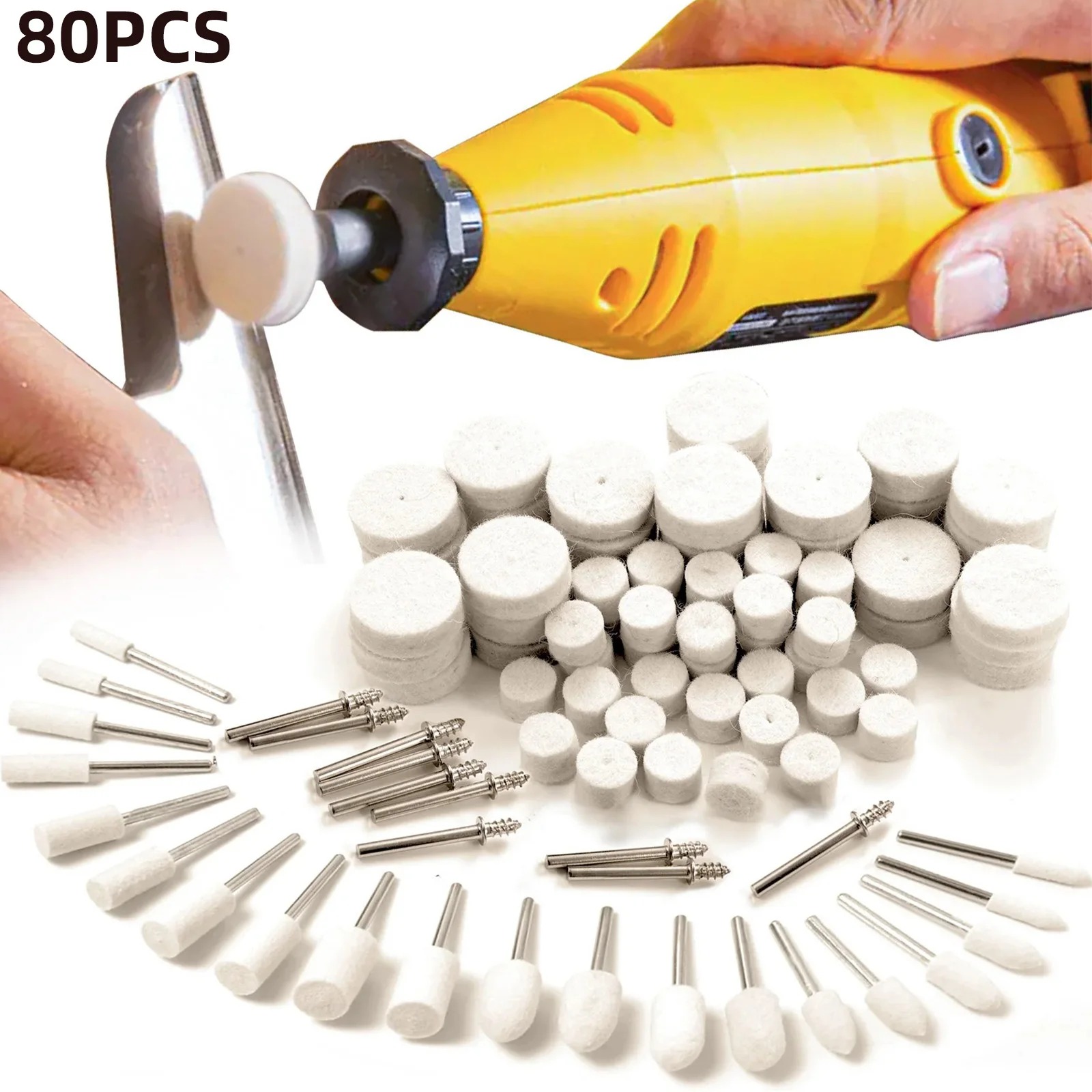 Jewelry Making Tools - 80個入りウールフェルトバフ研磨ホイールキット、1/8インチシャンク回転工具研磨ホイール、金属、ジュエリー、木材、プラスチック、樹脂用