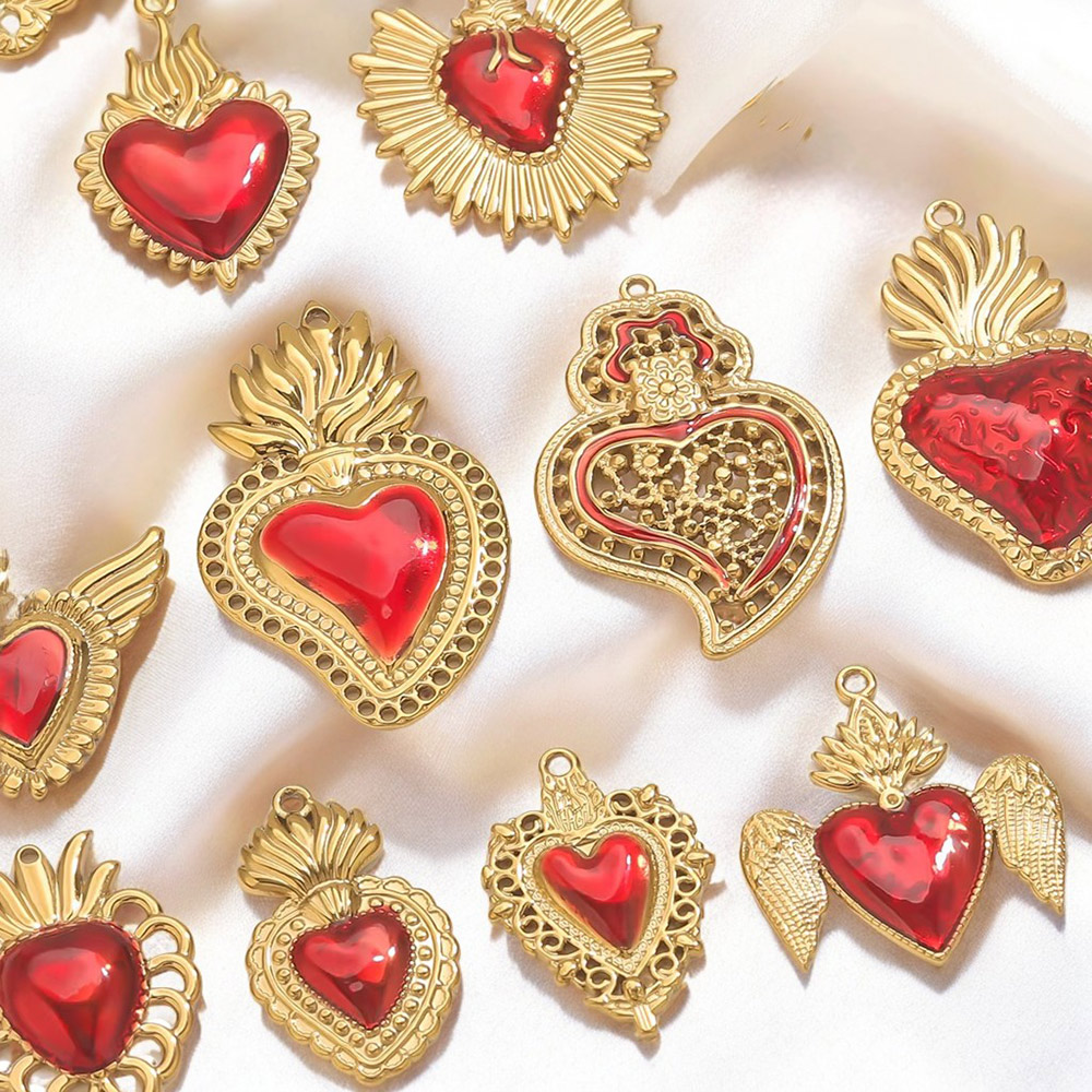 Jewelry Making Supplies Wholesale - 3 個ステンレス鋼レッドエナメルハート型チャームゴールドメッキ DIY ネックレスブレスレットイヤリングジュエリーメイキング用品卸売